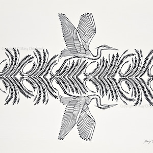 Great blue heron on the horizon block print - minimalist coastal art - neutral nature wall art