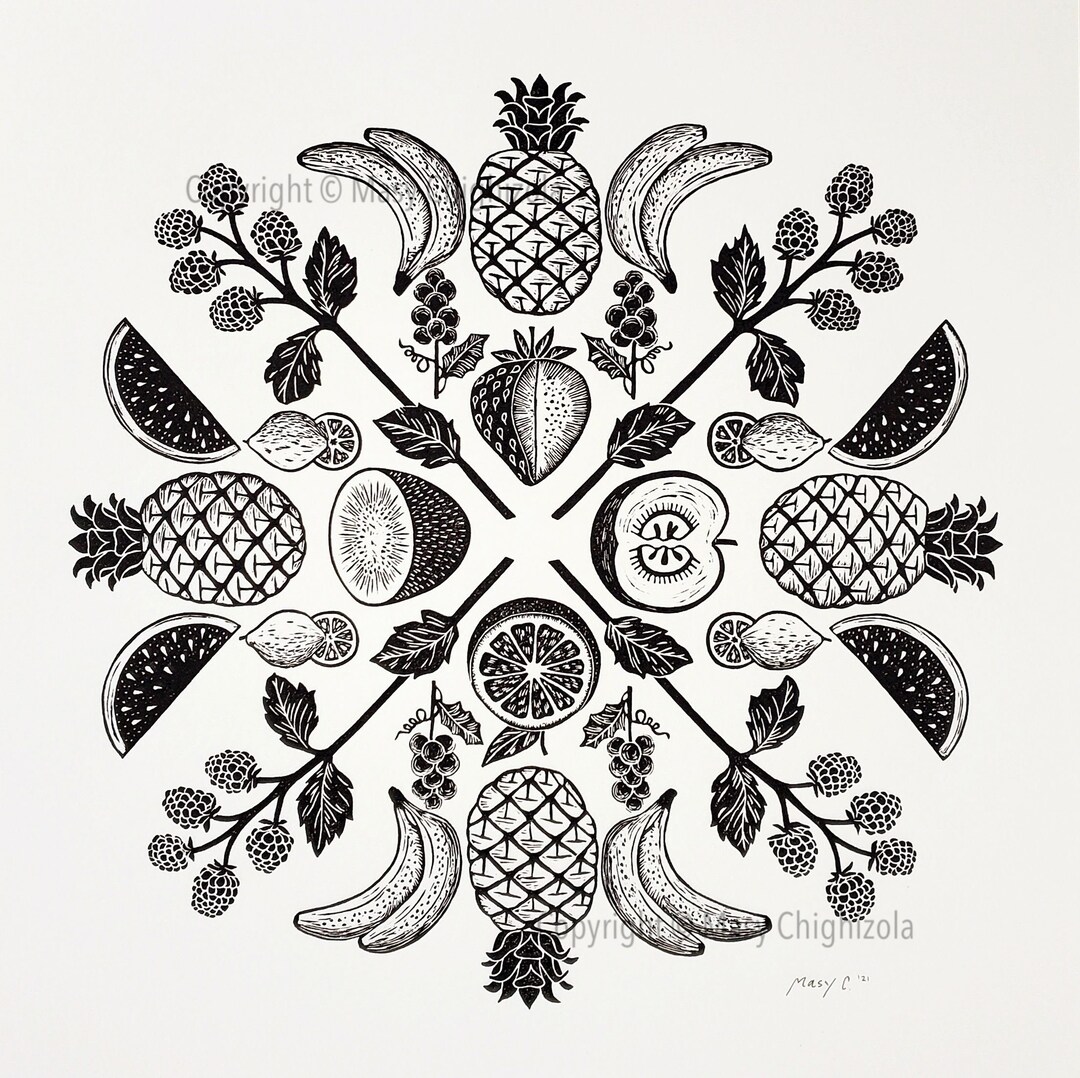 Linocut Shell Fruit Fruit Linocut Print - Fruit Pattern Wall Art - Neutral Kitchen Wall Art ...