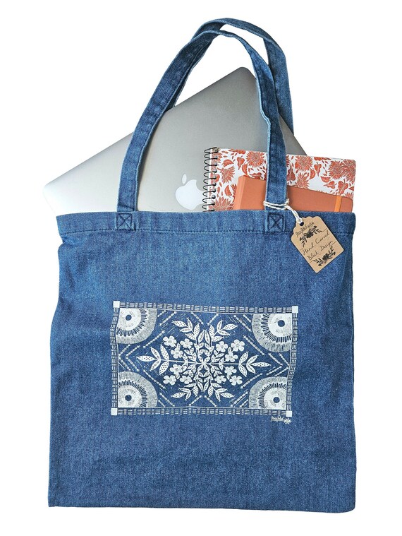 Denim Tote Bag With Floral Pattern - Large Printed Reusable