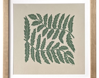 Fern leaves original block print - square botanical wall art - nature wall decor