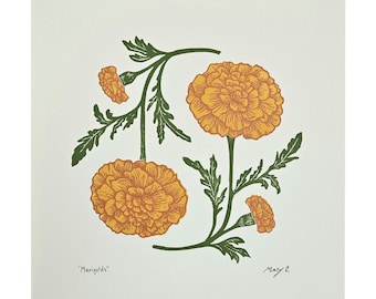 Marigold linocut block print - october birth flower wall art - marigold flower art