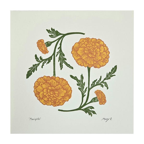 Ringelblumen Linoldruck - Oktober Geburtsblume Illustration - Ringelblumen Kunst