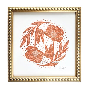 Floral circle original block print - botanical wall decor - small square wall art