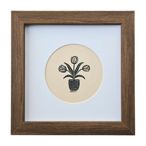 Tiny tulips original block print - neutral botanical wall art - small square wall art - birth flower print