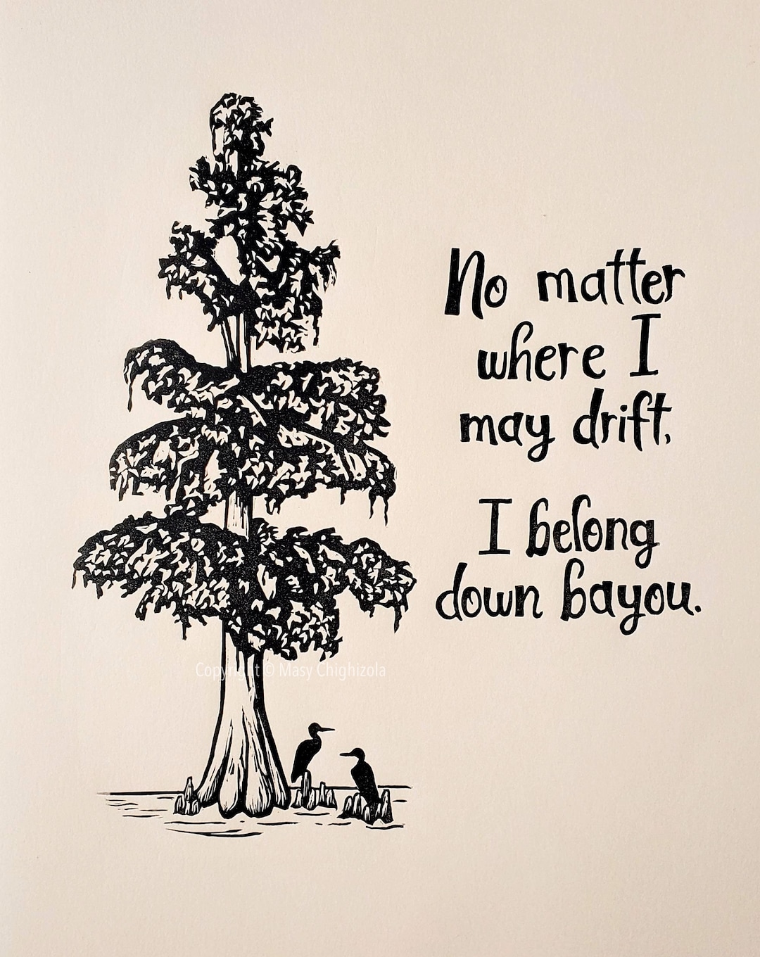 Down Bayou Original Block Print, Cajun Sayings, Louisiana Cypress Art