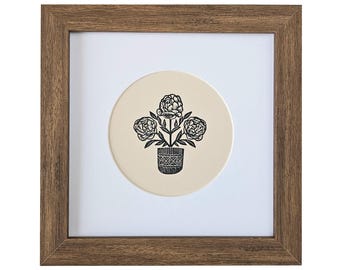 Petite peonies original block print - neutral botanical wall art - small square wall art - birth flower print