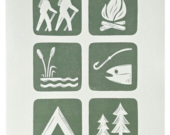 National park symbols original block print - nature symbols wall art