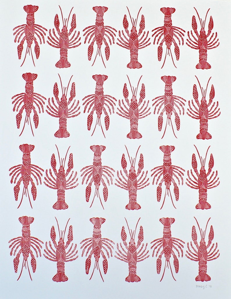 This is an original hand carved block print of a red crawfish or lobster pattern in four rows on fine art paper.