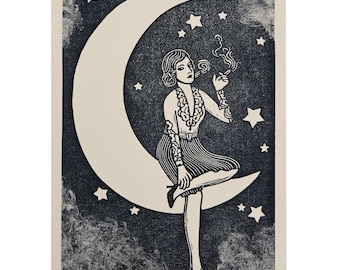 Vintage Paper Moon Woman Block Print - Celestial Art, 5x7