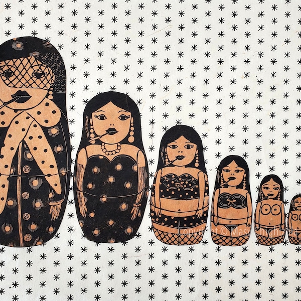 Nesting dolls art print- original block print collage, eclectic room decor, decorative arts, nesting doll collection