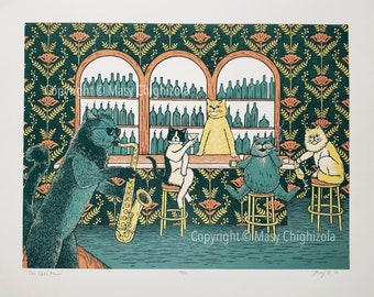 The cat's meow block print - funny cat wall art - bar decor