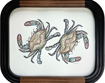 Crab with watercolor block print, kitchen decor, food illustration, seafood print