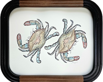 Cangrejo con impresión en bloque de acuarela - decoración de cocina costera - ilustración de mariscos en acuarela - serie de impresiones de mariscos