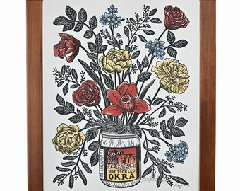 Botanical Block Print – Flowers in Pickled Okra Jar, Southern Kitchen Art