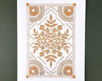 Mirrored floral pattern original block, botanical illustration poster print, rug pattern wall art