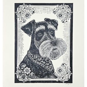 Schnauzer portrait - original block print - dog art print