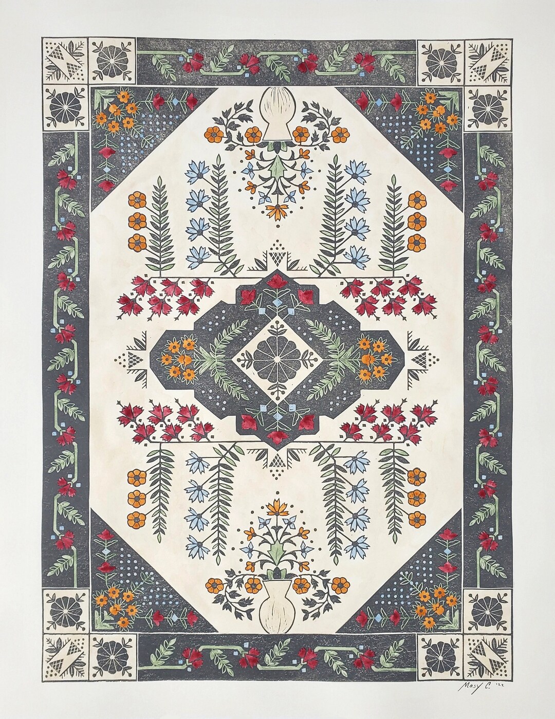 Floral Pattern Linocut Block Print - Neutral Rug Pattern Wall Art ...