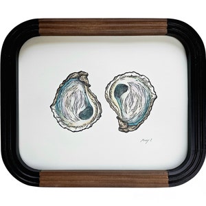 Oyster block print - coastal kitchen decor - watercolor seafood art - seafood line drawing