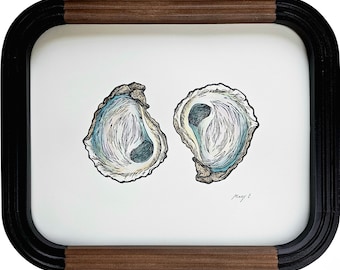 Oyster block print with watercolor, kitchen decor, food illustration, seafood decor