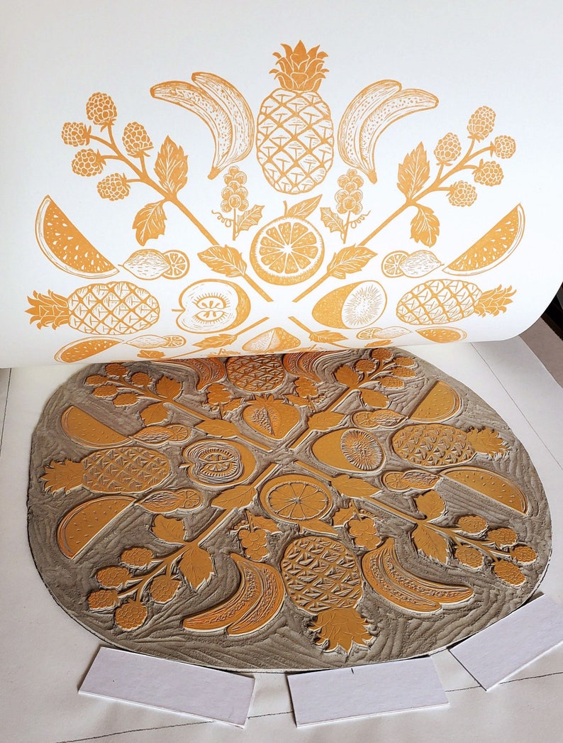 Linocut Shell Fruit Fruit Linocut Print - Fruit Pattern Wall Art - Neutral Kitchen Wall Art ...