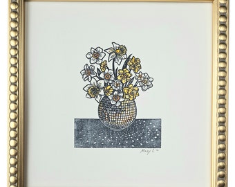 Daffodils in Disco Ball Planter Block Print – Flower Still Life