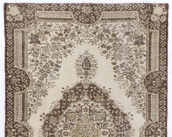 Antique Washed Oushak Rug: 5.4' x 8.8' Beige & Brown Turkish Wool Rug