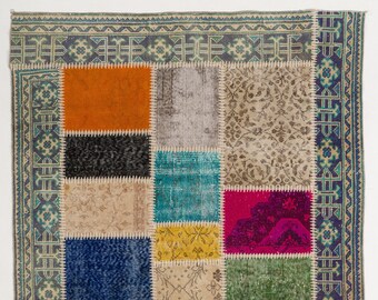 5'x8'  Patchwork Rug, Natural & Multicolor with red, blue, yellow, orange