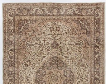 Vintage Oushak Rug: 7x10 Beige & Brown Turkish Floral Medallion