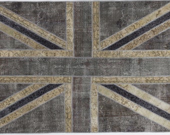 Union Jack British Flag Design Patchwork Rug, Grey & Beige United Kingdom Flag Rug, Gray UK Flag Rug