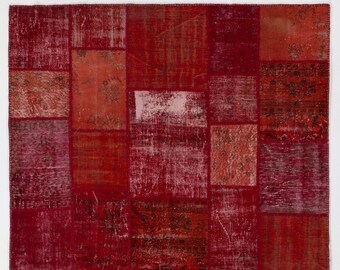 6'5" x 9'8" Red Handmade Turkish Patchwork Rug
