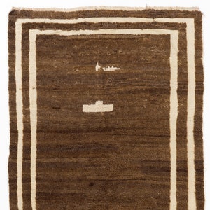 Brown with White Frame Tulu Rug, Vintage Bohemian Rug, Medium Wool Pile Rug, Handmade Flokati Rug, Vintage Design Wooly Rug