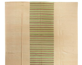 8'9" x 11'5" Double Sided Kilim Rug, Reversible Flatweave, Cream Kilim with Brown And Green Stripes, Washable Beige Rug, 273 x 352 cm