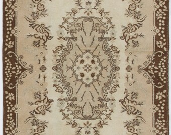 Antique Washed Oushak Rug: 4x7 Beige & Brown Turkish Rug