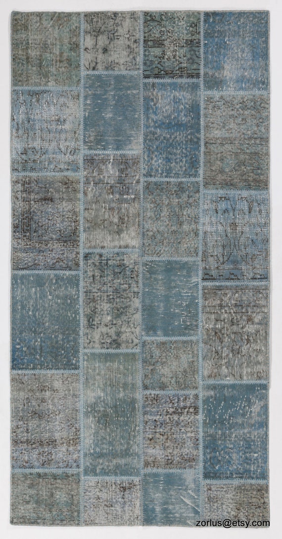 Handmade Turkish Patchwork Rug, Faded Blue & Gray