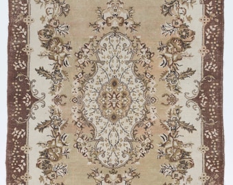 Antique Washed Oushak Rug: 6'9" x 11'5" Beige & Brown Turkish Wool Rug