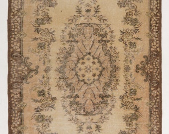 Antique Washed Oushak Rug: Beige & Brown Turkish Wool Rug (3'9" x 6'9")