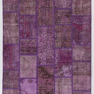 Handmade Turkish Patchwork Rug: Purple Wool, Cotton Blend
