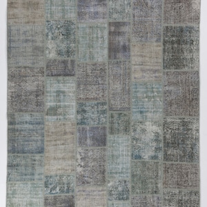 Handmade Turkish Patchwork Rug: Ice Blue & Sand Brown, 8&#39; x 10&#39;