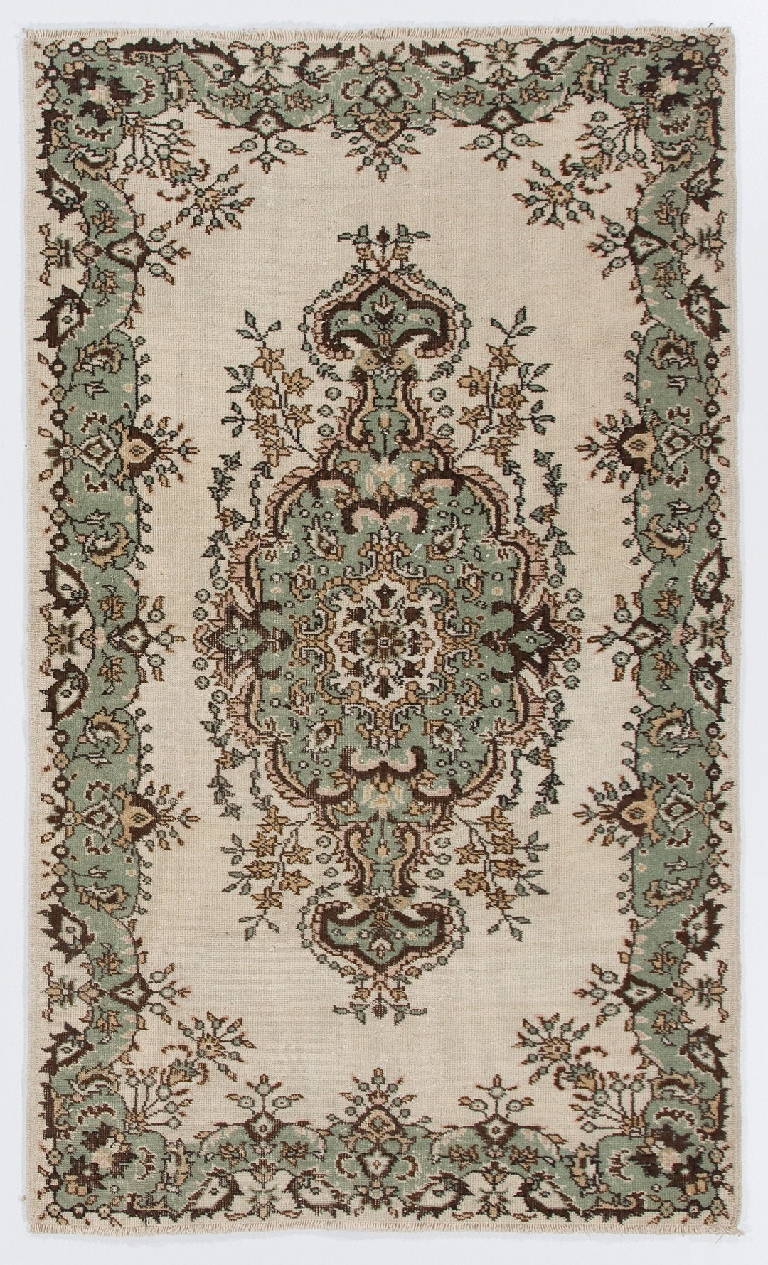 Muted Green & Brown on Beige Vintage Rug, 4' X 7' 126 X 214 Cm Turkish