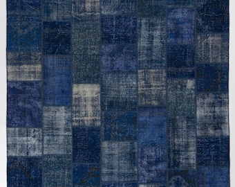 Handmade Navy Blue Patchwork Rug, Turkish Wool, Faded Design
