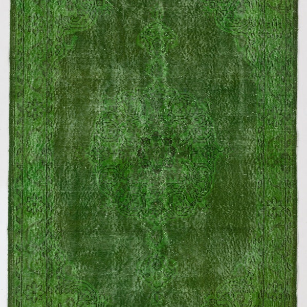 Green Overdyed Rug 4'2" x 7' (128 x 215 cm) Turkish Handmade Rug, Green Handmade Overdyed Rug