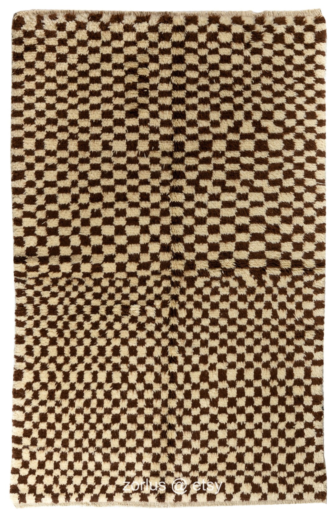 Checkered Design Brown & Beige Tulu Rug, Medium Wool Pile Rug, Handmade ...