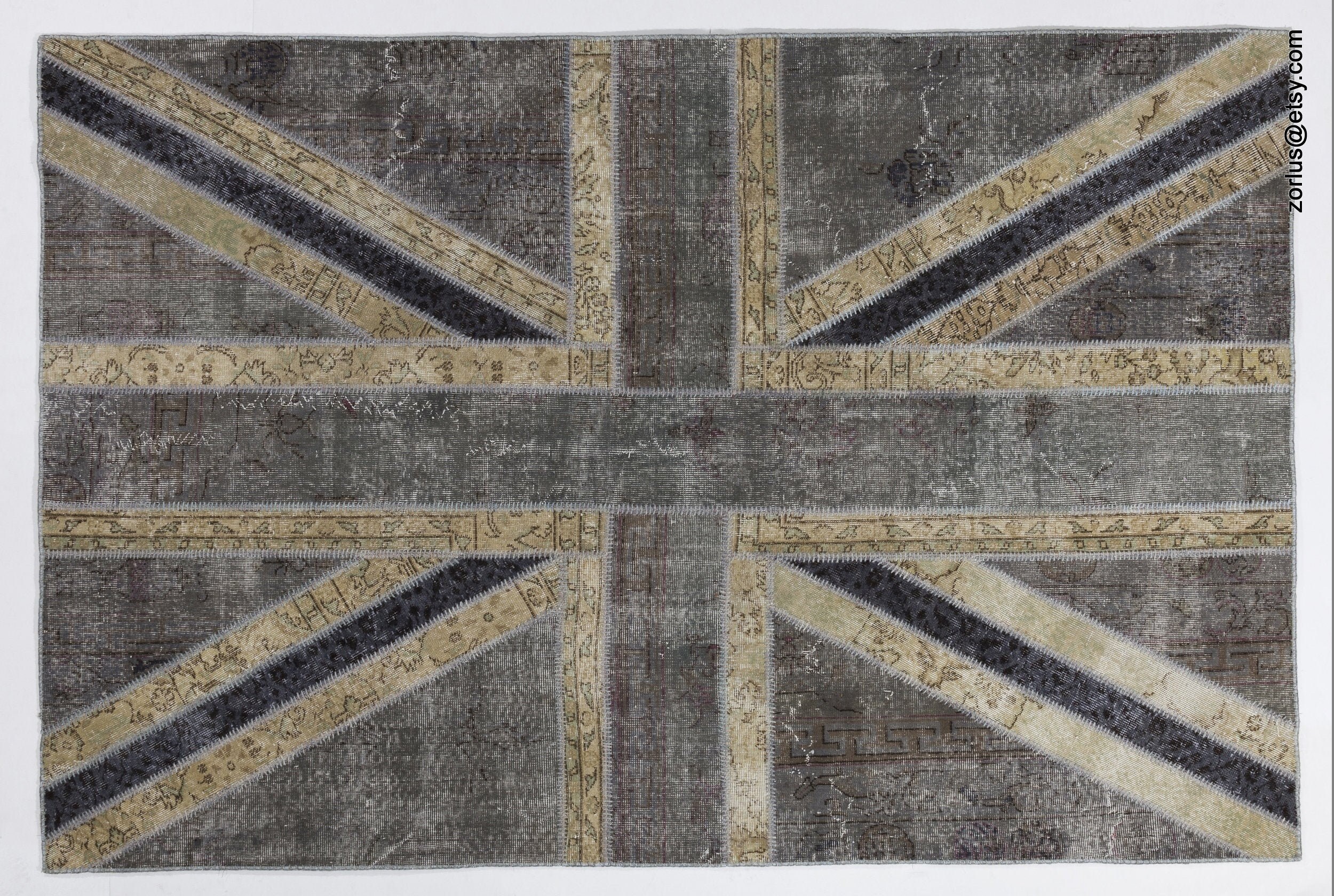 Union Jack Rugg Union Jack Rug: Hand-stitched Turkish Patchwork, Grey & Beige - Etsy