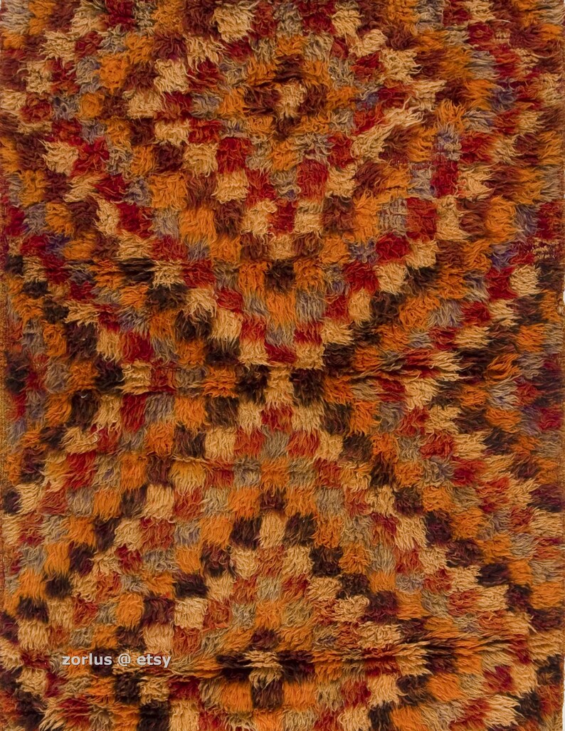 Orange Checkered Design Anatolian Tulu Rug 3.7 Ft x 7.5 Ft | Etsy