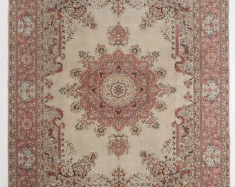 Vintage Hand-Knotted Turkish Wool Rug: Beige & Pink Konya Ladik (8'8" x 11'6")