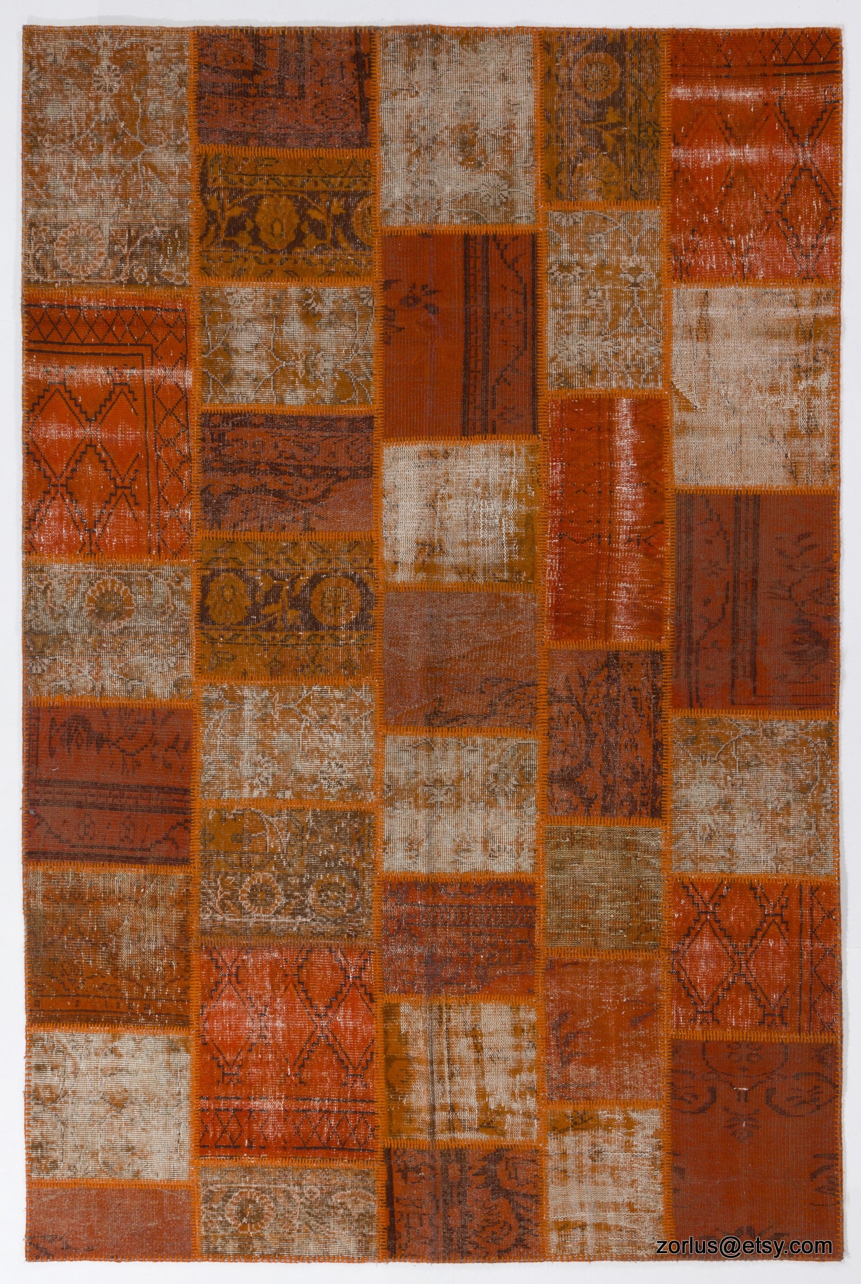 Handmade Turkish Patchwork Rug Orange Faded Wool