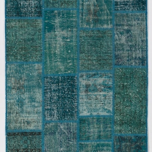 Alfombra de patchwork azul turquesa: lana turca anudada a mano