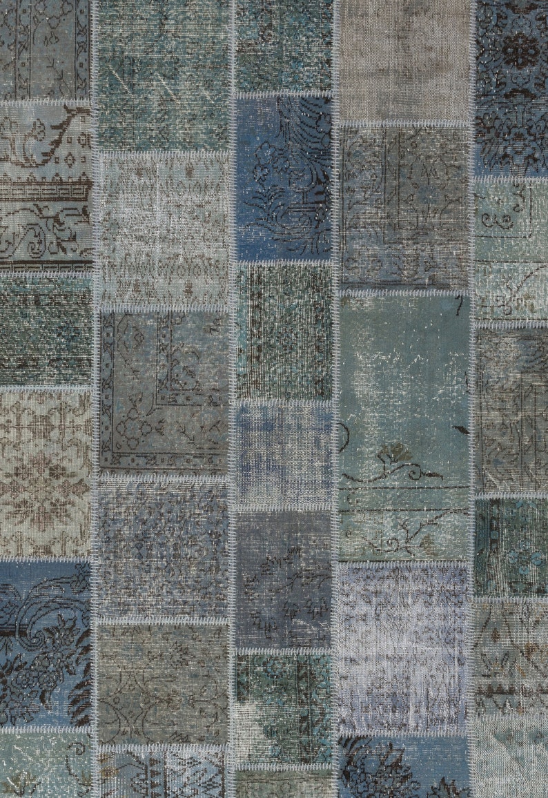Faded Blue Patchwork Rug, Shades of Blue, Made From Vintage Overdyed ...