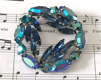 Vintage Weiss Wreath Brooch, Blue AB Rhinestones, Signed