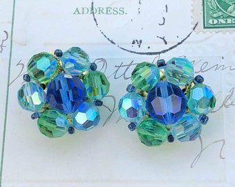 Blue and Green Clip-on Earrings, Vintage Beaded Earrings, Vintage Earrings, Something Blue, Bridal Earrings, Offbeat Bride, Floral Earrings
